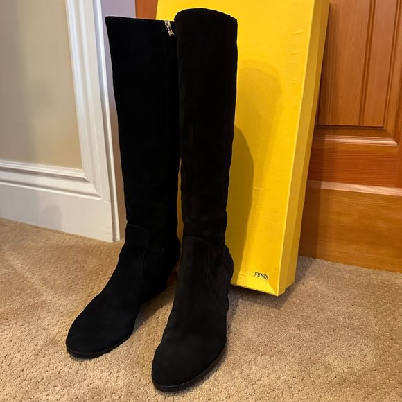 FENDI Black Suede Tall Wedge Cathy Boot, Size 39.5 - Picture 3 of 12